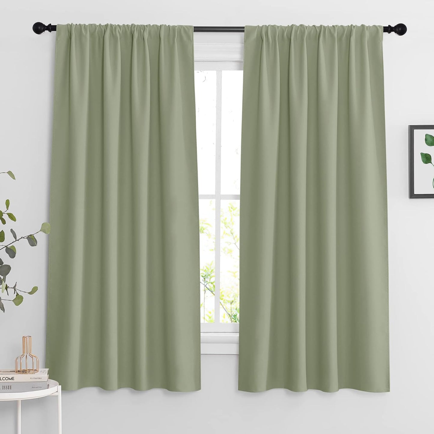 RYB HOME Sage Green 63 inch Curtains for Living Room, Blackout Window Drapes Light Blocking and Noise Reducing Panels for Boys Bedroom Nursery, W 42 x L 63 inchs, Set of 2, Sage Green