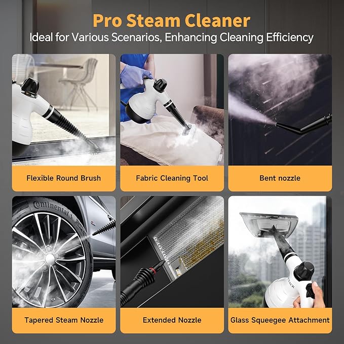Handheld Steam Cleaner, Steam Cleaner with 16 PCS Accessory & Safety Lock, Capacity, Multi-Surface Deep Cleaning for Home, Car, Bathroom, Grout, Floor, Window(White/Black)