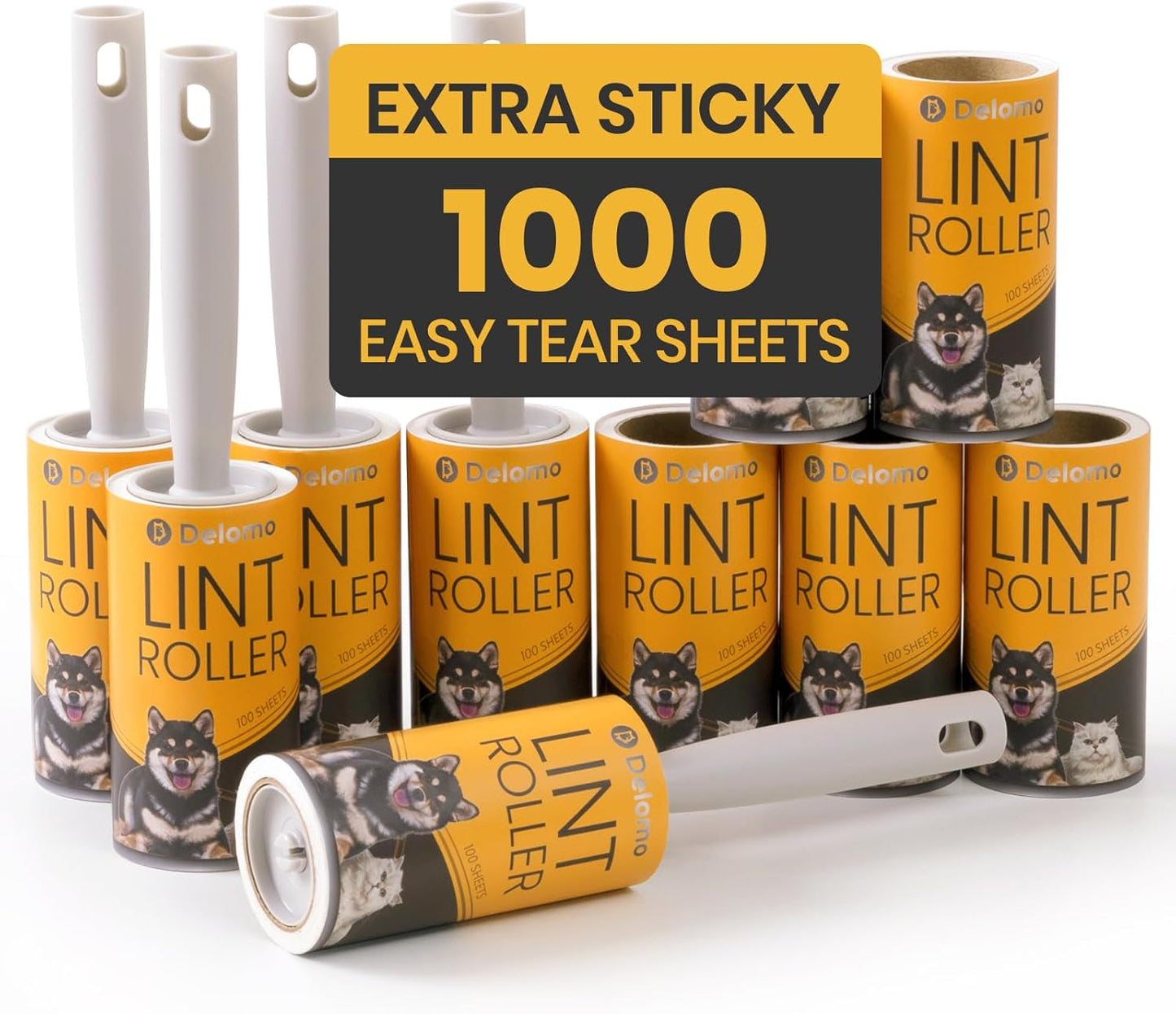 DELOMO Lint Roller 1,000 Sheets (5 Rollers + 5 Refills) - Lint Rollers for Pet Hair Extra Sticky, Mega Value Pet Hair Removal Tool for Clothes/Couch/Furniture/Car - Keep Your Home Tidy