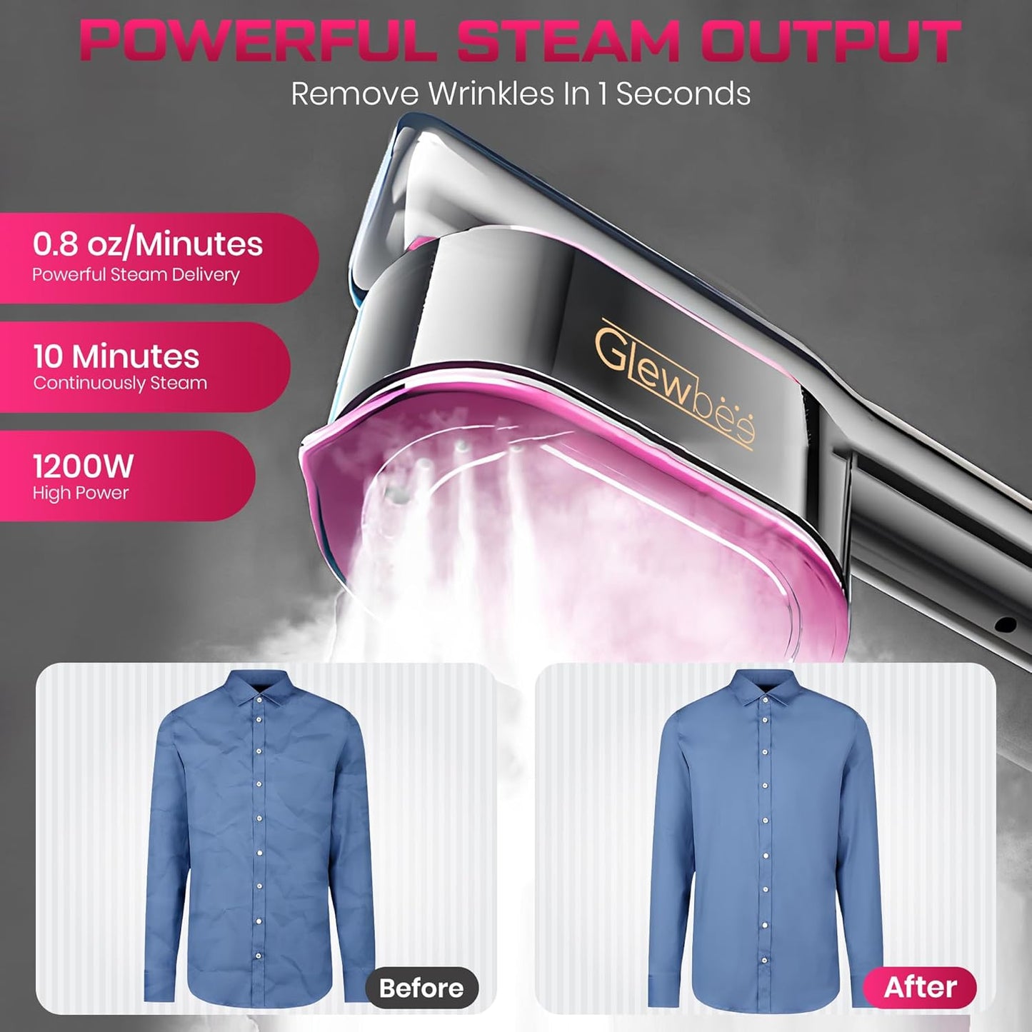 Portable Clothes Steamer, 1200W Touch Screen Handheld Steamer for Clothes, 1s Powerful Wrinkle Remover, All Fabric Modes, Dry & Steam Ironing for Home & Travel, 10s Fast Heat-up-Gray