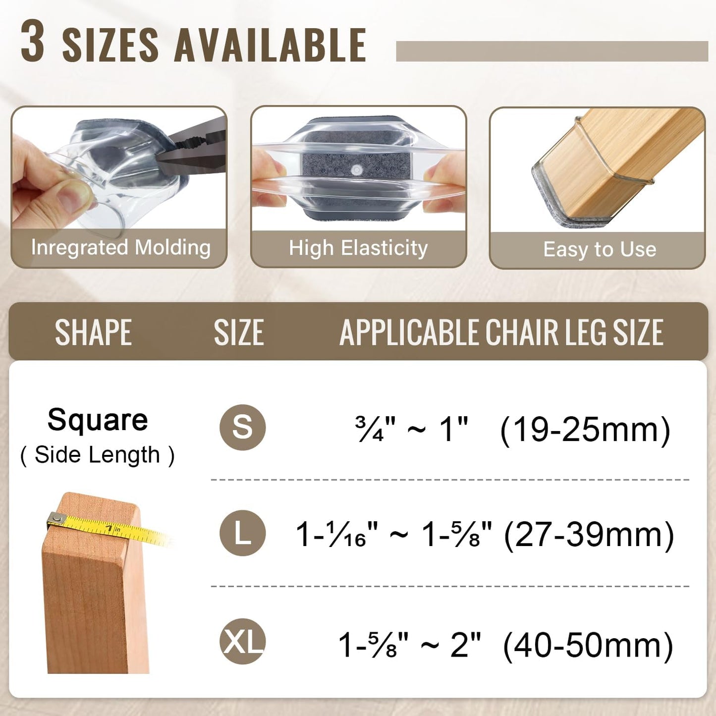BUMACO Chair Leg Floor Protectors Square Chair Leg Protectors for Hardwood Floors Silicone Pads Covers to Protect Floors Clear-40 Pcs Square S Fit (3/4" to 1")