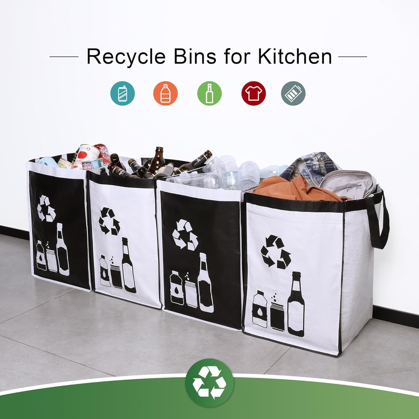 Recycle Waste Bag for Kitchen Home- Large Indoor Recycling Bins Trash Sorting Organizer, Reusable and Waterproof, 4 Pack