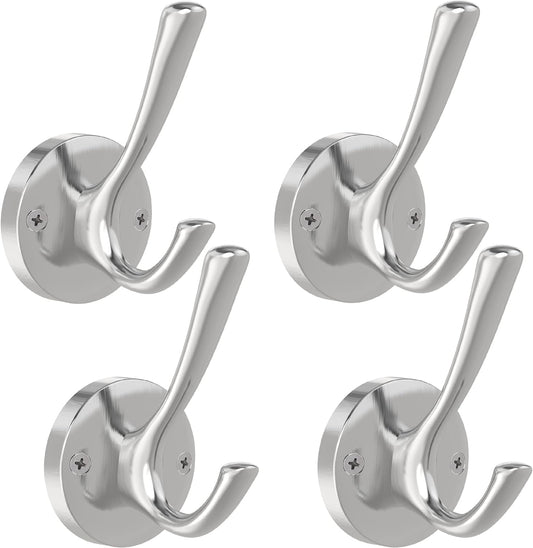 Brushed Nickel Wall Hooks, 4 Pack Heavy Duty Coat Towel Hook Metal Double Hook Wall Mounted Hanging, Bath Towel Hooks for Entryway Cubicle Bathroom Closet Garage