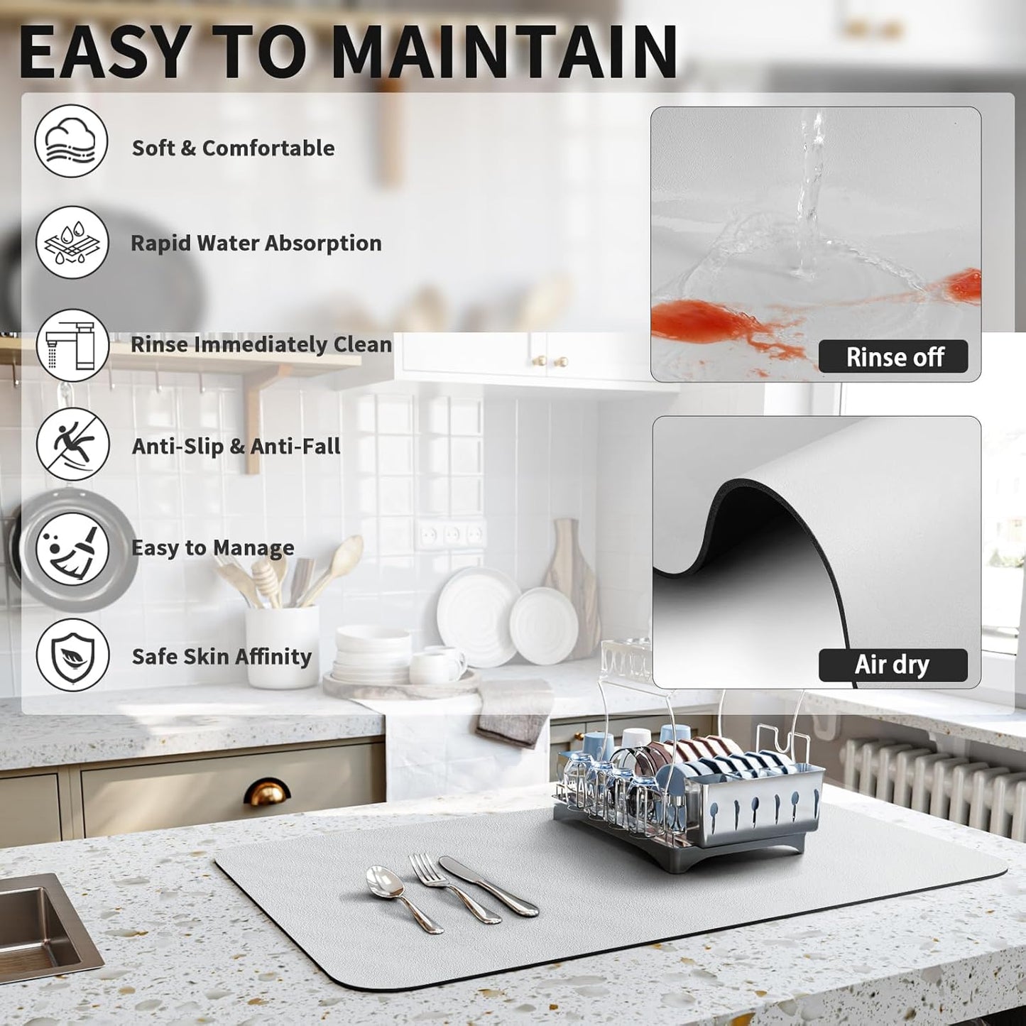 Dish Drying Mat for Kitchen Counter, Heat Resistant Drainer Mats with Non-slip Rubber Backed, Hide Stain Kitchen Super Absorbent Draining Mat, Easy to Clean Dish Rack Pad, Light Grey 18"x24"