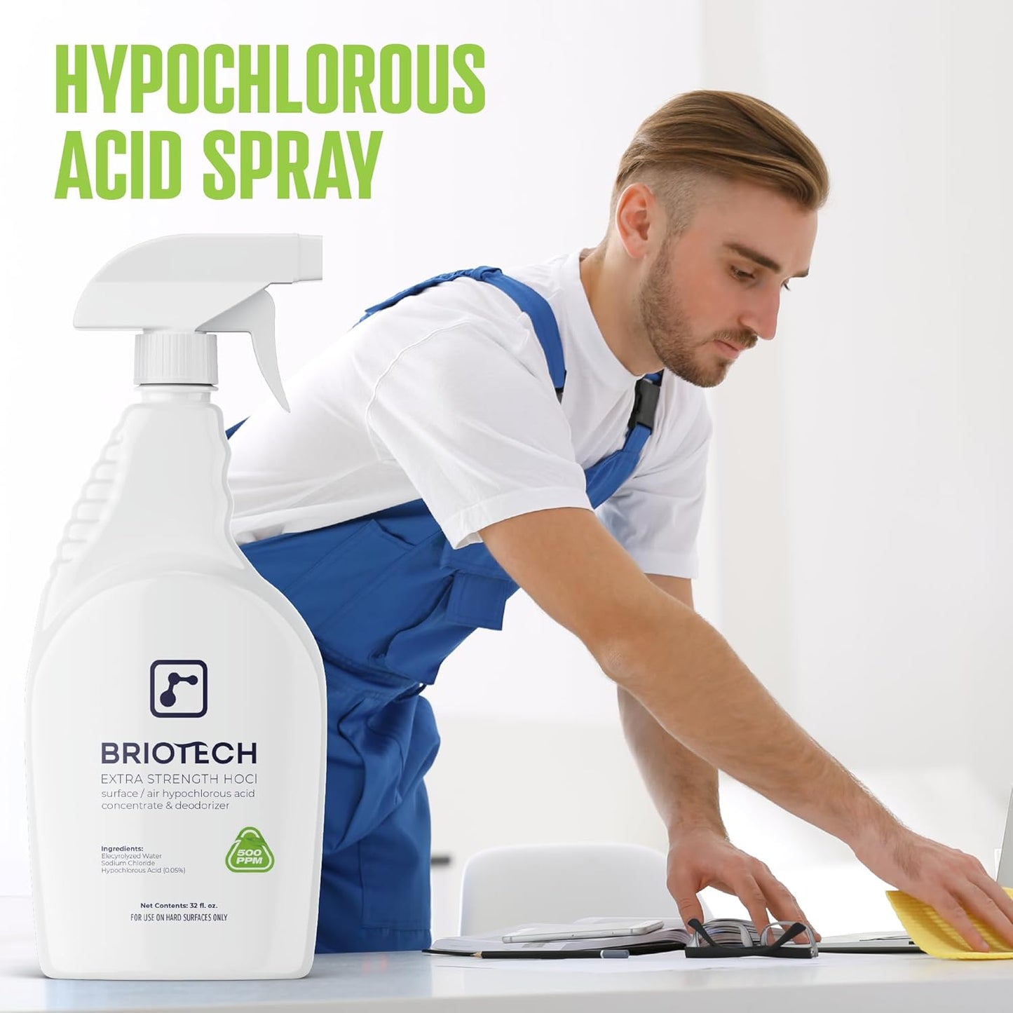 BRIOTECH Extra Strength HOCl Cleaner, 500 PPM Hypochlorous Acid Concentrate, ULV Foggers & Humidifiers, Professional Deodorizer for Dental, Offices, Schools, Homes, Peroxide Free, 32 fl oz (12 Pack)