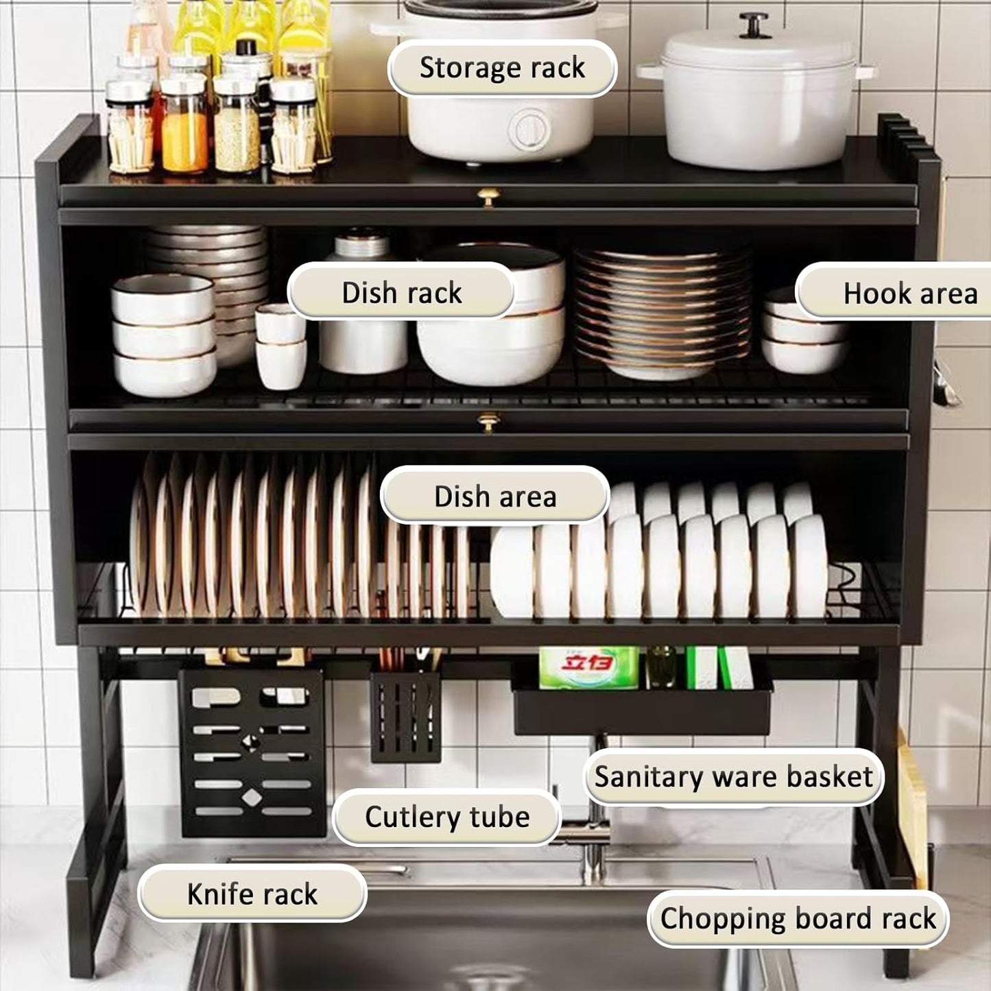 Over The Sink Dish Drainer Drying Rack 4 Tiers with Cover, Keep Kitchen Sink Shlef Organized Space-Saving Dish Drying Rack, Large Drying Rack for Dishes, Glasses, Bowls, Cutlery W-37.4in