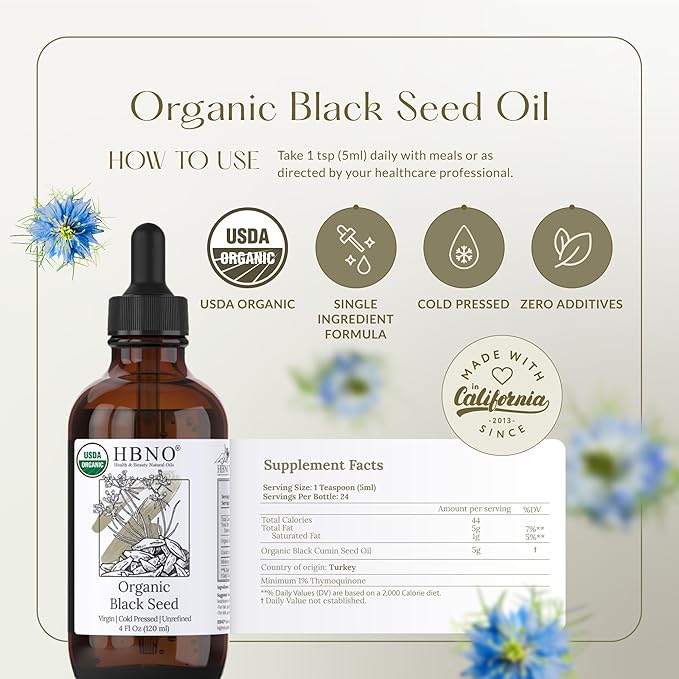 HBNO Organic Black Seed Oil - Huge 4oz (120ml) Glass Bottle Value Size - USDA Certified Organic Black Seed Oil, Cold Pressed for Face, Body, Lips, Shampoo & Conditioner
