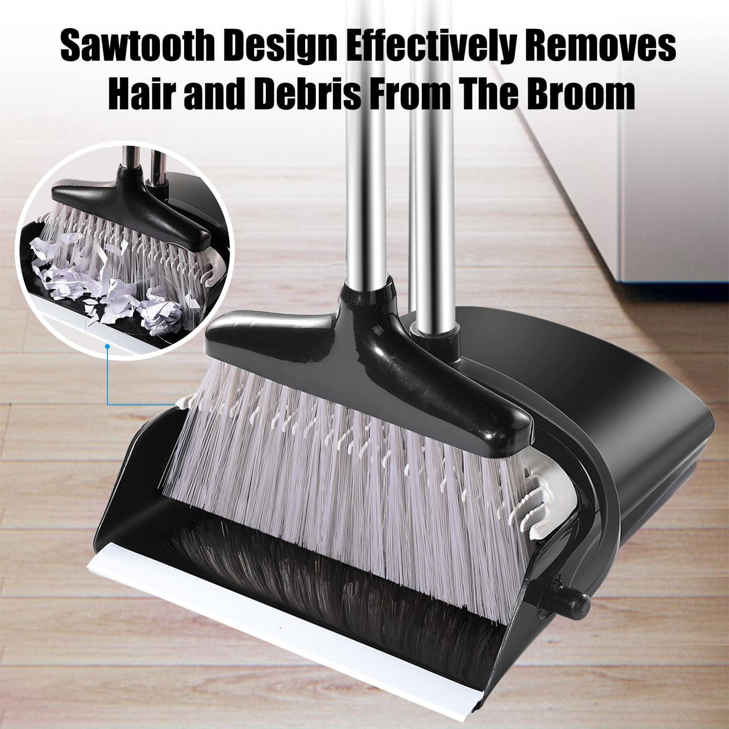 Broom and Dustpan Set with Long Handle and 6 Bonus Cleaning Tools, Upright Standing Combo with Self-Cleaning Teeth & Windproof Dustpan for Pet Hair, Home, Kitchen, Garage, Apartment