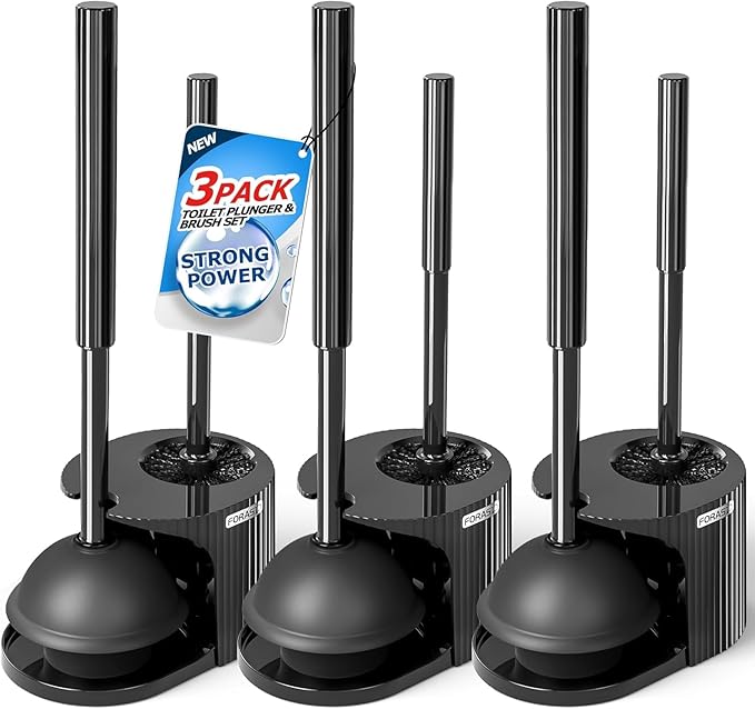 3Pack 2 in 1 Toilet Brush and Plunger Set, Extended Handle Plunger,Toilet Bowl Brush Plunger Set,Bathroom Cleaning Tools,Toilet Brush Plunger Combo,Cleaning Supplies，Black
