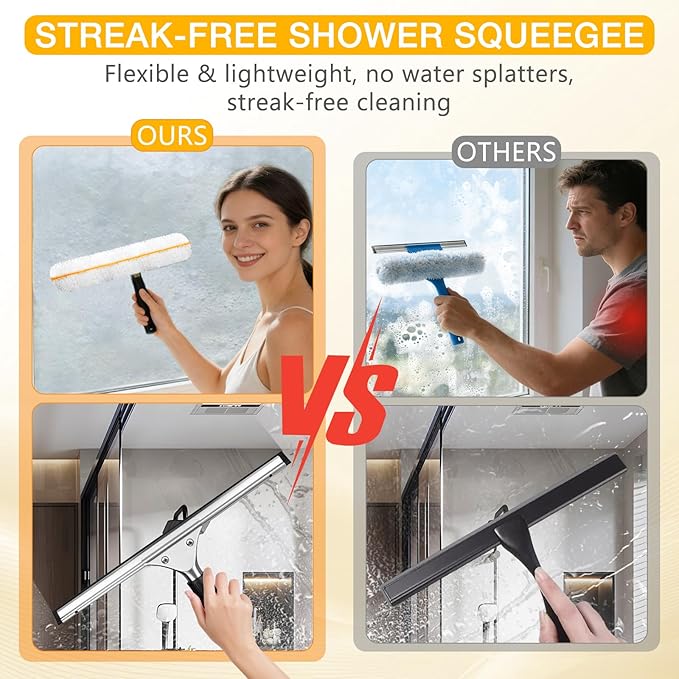 Professional Window Cleaning Squeegee Kit- 14" Squeegee & Microfiber Rotatable Window Scrubber,All-Purpose Tile Shower Walls Window Glass Car Windshield Mirrors,Reusable Microfiber Sleeve