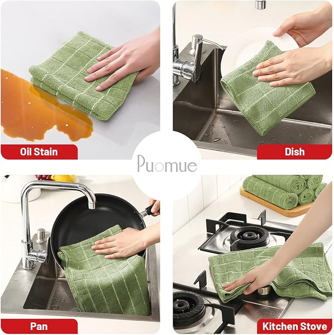 Microfiber Kitchen Towels and Dishcloths Set, 26 X 18 Inch and 12 X 12 Inch, Set of 12 Bulk Lint Free Dish Towels for Drying Dishes, Olive Green