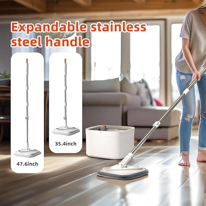 KZKR Spin Square mop and Bucket System with Wringer Set for Home with 2 Mop Pads (Grey,White)