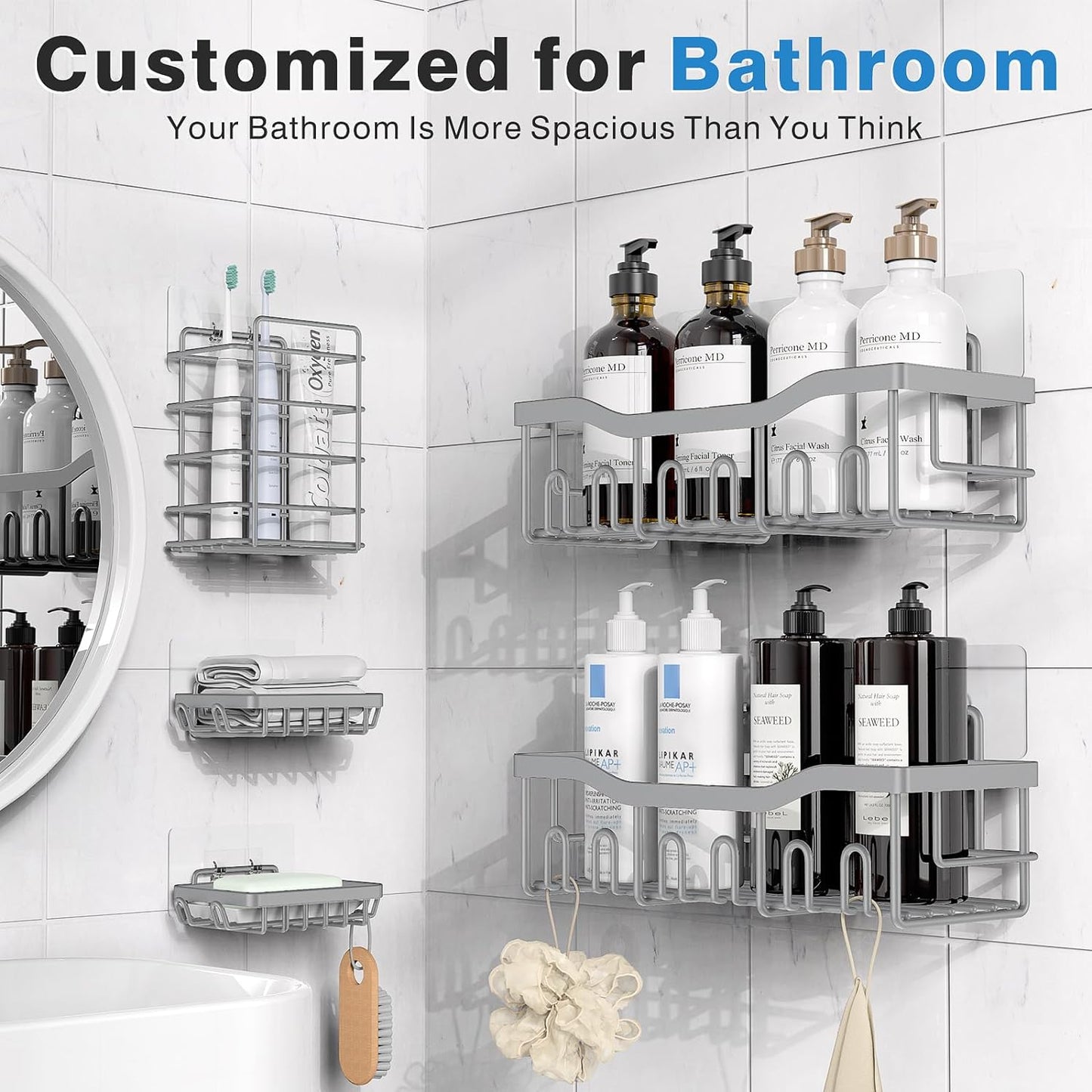 EUDELE 5-Pack Rustproof Stainless Steel Shower Caddy – No Drill Adhesive Bathroom Organizer with Large Capacity, Spacious Shower Shelves for Inside Shower, Kitchen & Home Decor Storage-XL Size