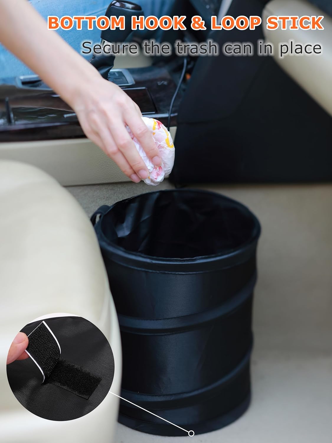 Ginsco 2Packs 2 Gallons New Leakproof Car Trash Can, Compact Trash Can Pop-up Collapsible Hanging Car Trash Bin with Hook and Loop, Waterproof PEVA Liner Open-Top Garbage Can for Cars Home Office