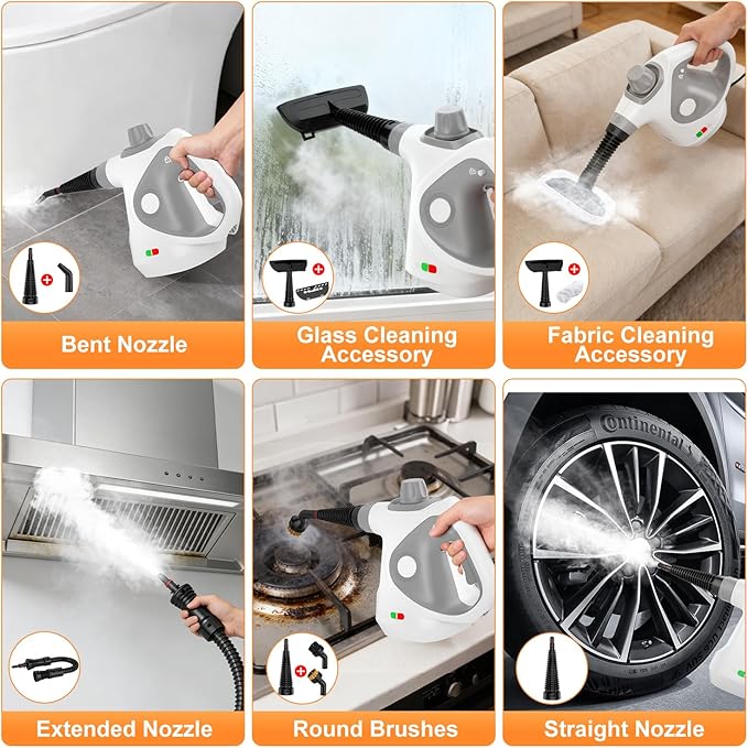 Handheld Steam Cleaner for Home, Pressurized Portable Steamer for Cleaning with 15 Accessories for Multi-Surface Cleaning, Floors, Tiles, Grout, Kitchen, Bathroom, Couch & Car(Grey Cap&Grey Handle)