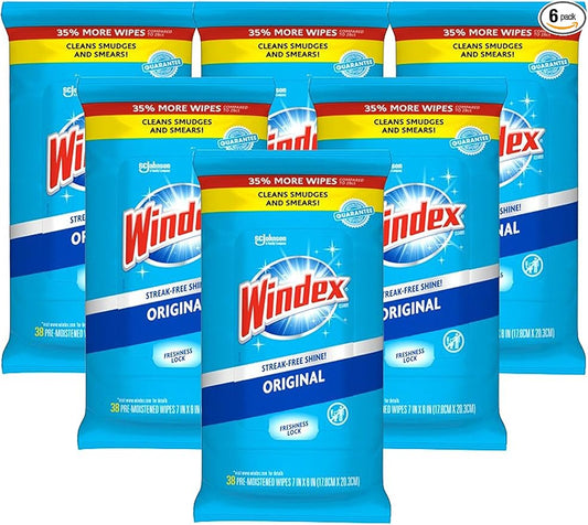 Windex Wipes Glass Cleaning, Pre-Moistened Glass and Surface Wipes to Clean Home Surfaces, Household Essentials, Original Scent, 38 Count (Pack of 6)