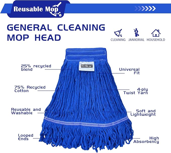 Heavy Duty Wet Industrial Cleaning Mop Head – 21 oz Blue mop Head Replacement Cotton Washable Industrial mop Heads Heavy Duty for Commercial & Home Cleaning（Blue）