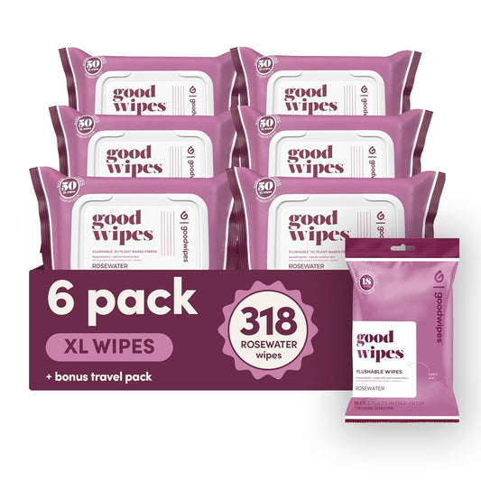 goodwipes Flushable Butt Wipes - Vitamin E & Aloe - Sewer & Septic Safe - Extra Large Adult Wet Wipes For Women & Men - Bathroom Essentials - Rosewater, 318 Count (6 Packs + 1 Travel)