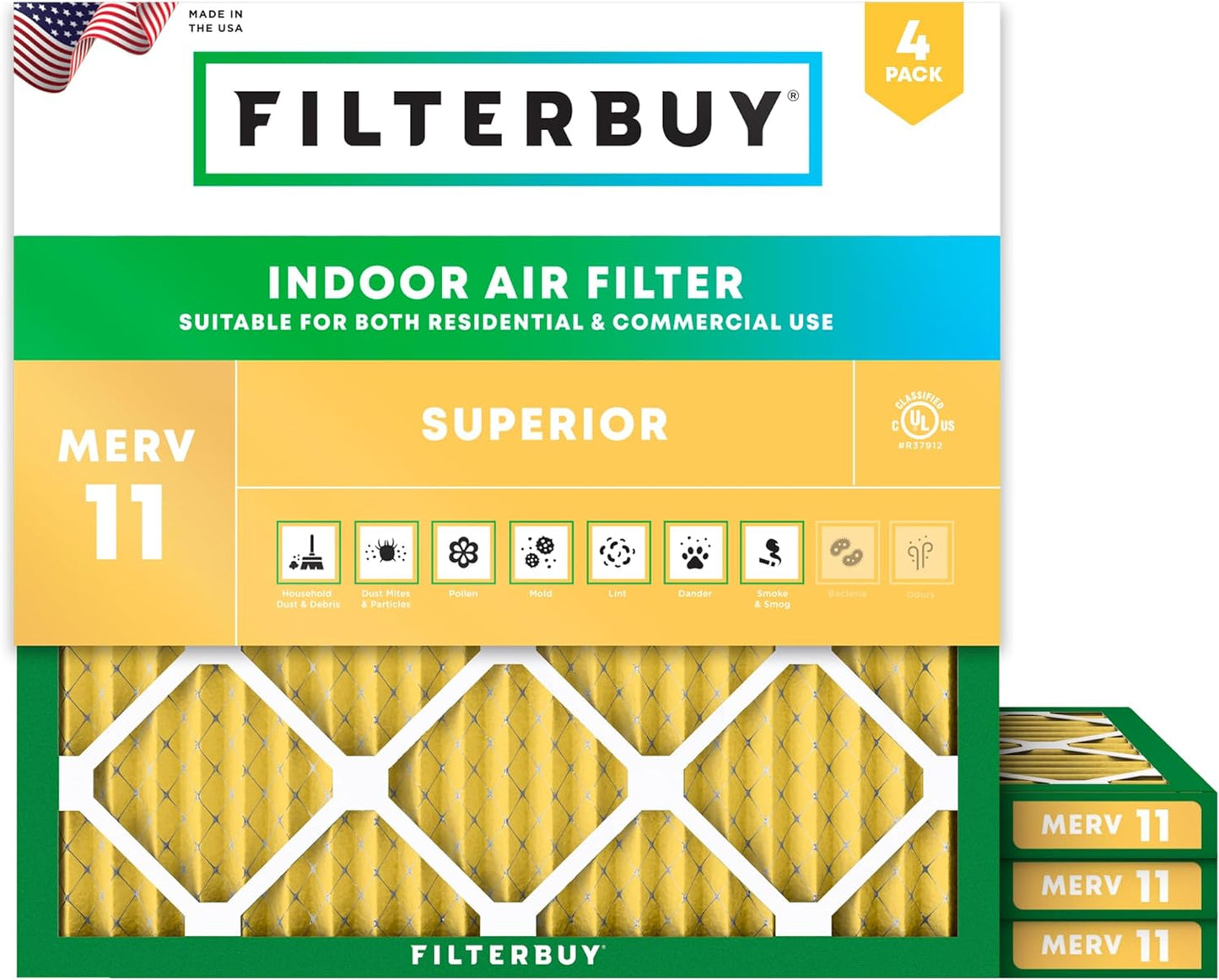 Filterbuy 23.5x23.5x1 Air Filter MERV 11 (MPR 1200) Allergen Defense Replacement (4-Pack), Electrostatic Pleated HVAC AC Furnace Filters, Made in USA (Actual Size: 23.38 x 23.38 x 0.75)
