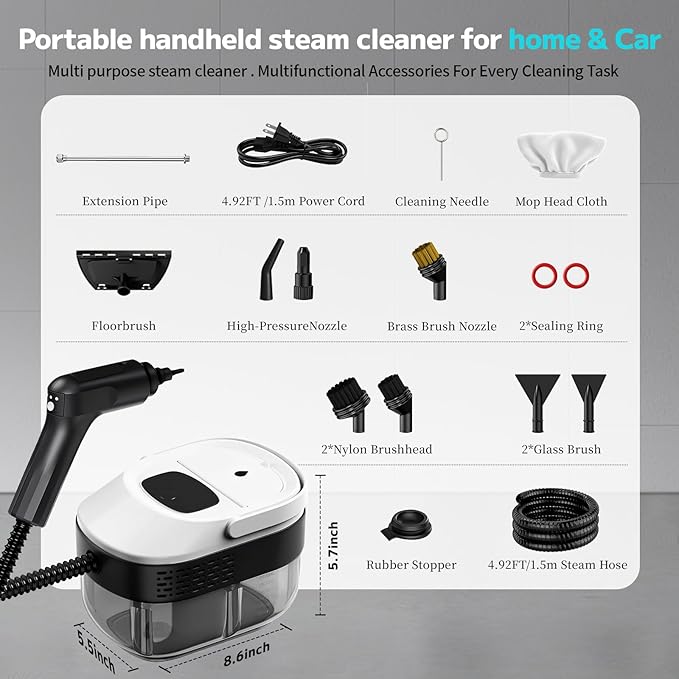 Pressurized Steam Cleaner, 54oz Large Tank, Portable Steamer for Cleaning with 15-Piece Kit, 15s Fast Heat-Up, 3-Level Control, Handheld Steam Cleaner for Home, Car, Kitchen, Tile, Grout(White)