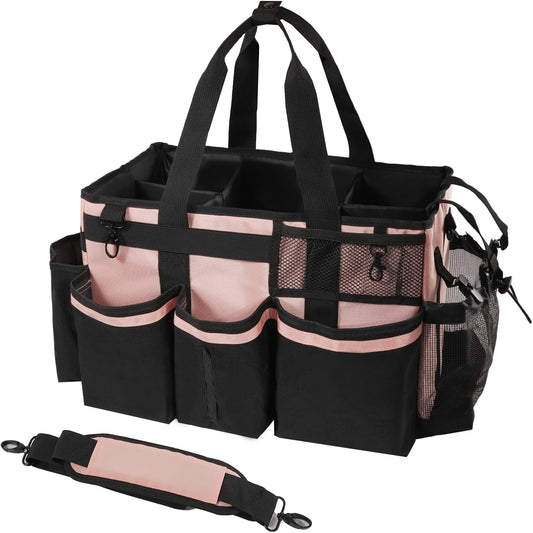 Wearable Cleaning Caddy, Cleaning Caddy Supplies Organizer with Handle & Shoulder Straps for Housekeepers, Under Sink & Car Cleaning Tool Organizers Bag with 4 Foldable Divider (Pink)