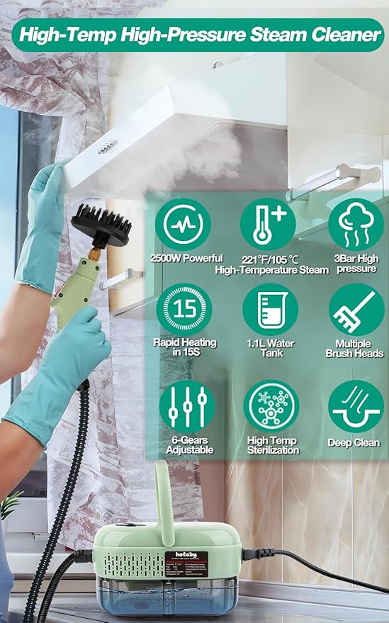 Steam Cleaner, 2500W High Pressure Handheld Steamer, 6-gears adjustable, Portable Steam Cleaning Machine with 6 Brushes, Cleaning for Home Use, Kitchen, Bathroom,Hard Surface,Car Detailing (Green)