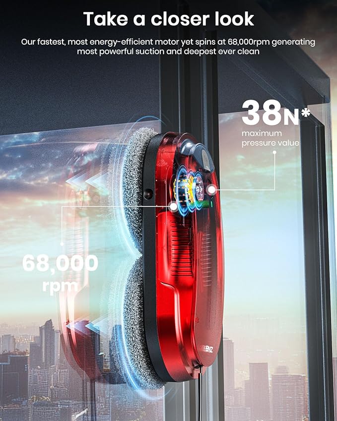 BNZ Smart Window Cleaning Robot, Twin Turbo & Dual Auto-Spray Window Cleaner with Multiple Safety System, AI Path Planning, Frameless Edge Detection, K1 (Ruby Red)