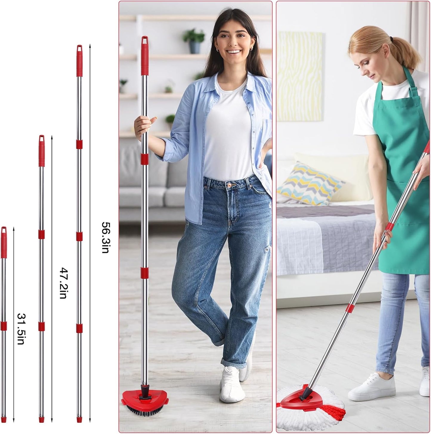 Mop Heads Replacements Complete Combo for O-Ceda,4 Pcs Red Machine Washable Microfiber Spin Mop Refills Replace Heads,1 Scrub Brushs,1 Base,1 Set Handle,Spin Mop Replacements for Tub and Tile Cleaning