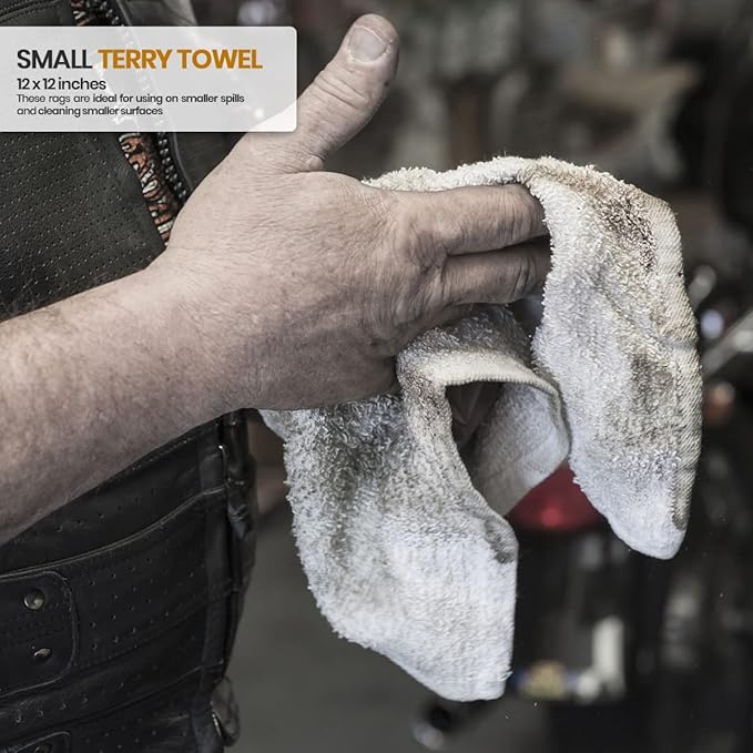Nabob Wipers White Terry Rags 2lb Bulk Towel Rag Multipurpose 12x12 Inches 100% Cotton Ring Spun Cleaning Solution for Body Shops, Garages, Restaurants, Home, Bars (24 Pack)