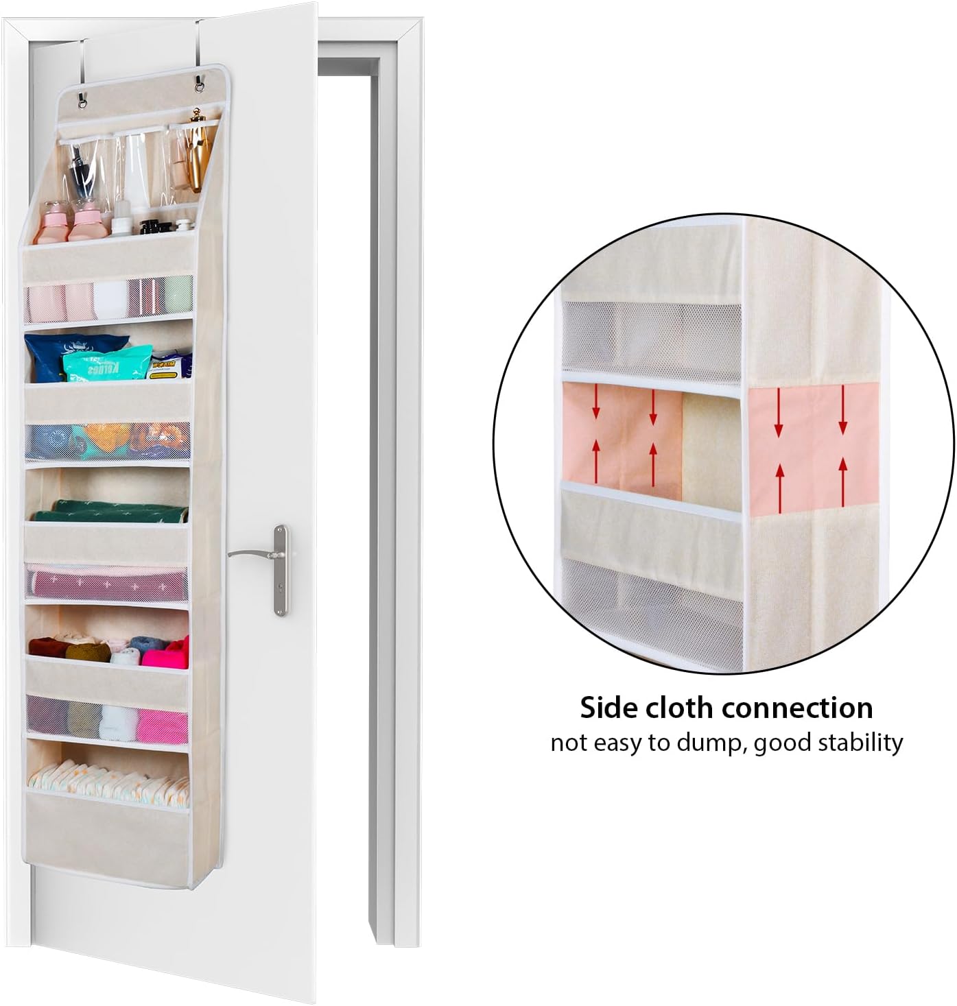 Univivi 6-Shelf Over Door Hanging Organizer Fabric Baby Door Storage with 5 Large Pockets and 3 Small PVC Pockets Wall Mount Hanging Storage Organizers for Baby Essential (Beige)