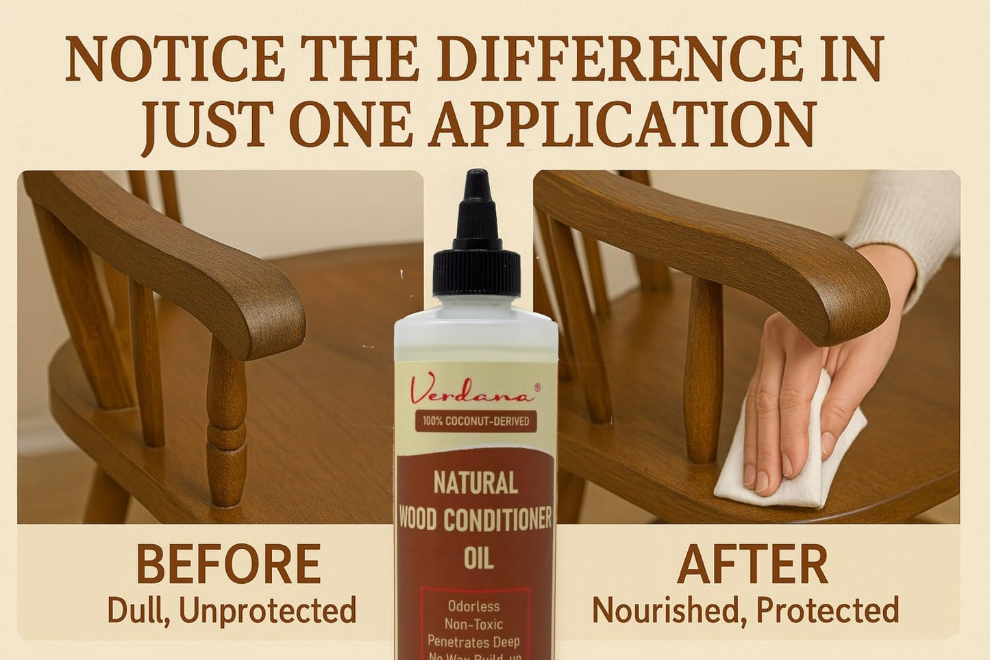 Verdana Natural Wood Conditioner Oil – 8 fl oz – Odorless, Non-Toxic Coconut Oil Polish for Furniture – No Wax Buildup - Nourishes, Restores & Rejuvenates Wood Furniture