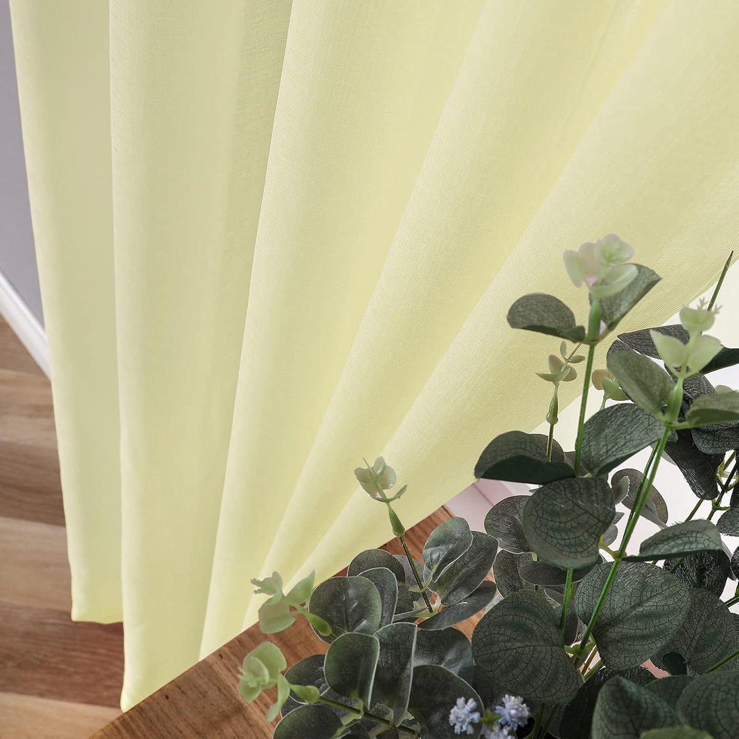 Tollpiz Short Sheer Curtain Linen Textured Bedroom Curtains Sheer Light Filtering Rod Pocket Voile Curtain for Living Room, 54 x 54 inches Long, Transparent Yellow, Set of 2 Panels