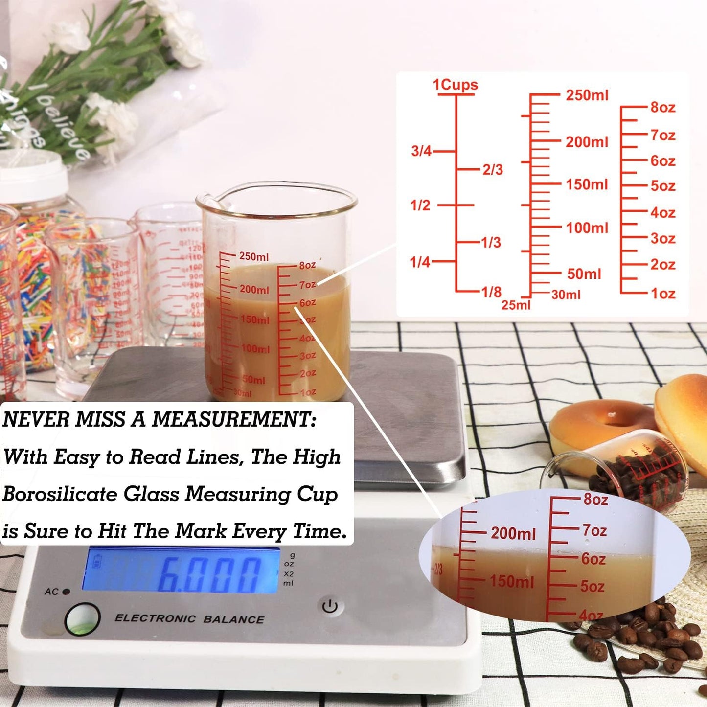 High Borosilicate Glass Measuring Cup Set-V-Shaped Spout，Includes 250ml(8OZ), 500ml(16OZ), and 1000ml(32OZ) Glass Measuring Beaker for Kitchen or Restaurant, Easy to Read