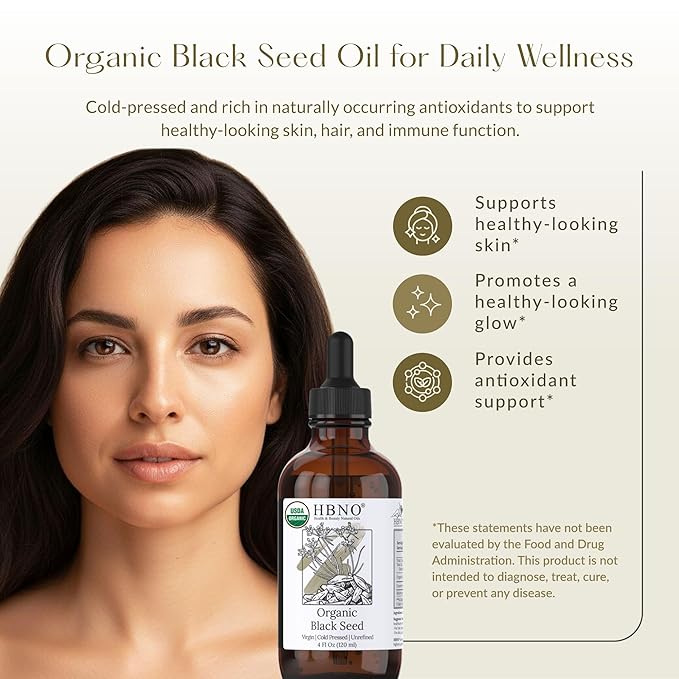 HBNO Organic Black Seed Oil - Huge 4oz (120ml) Glass Bottle Value Size - USDA Certified Organic Black Seed Oil, Cold Pressed for Face, Body, Lips, Shampoo & Conditioner