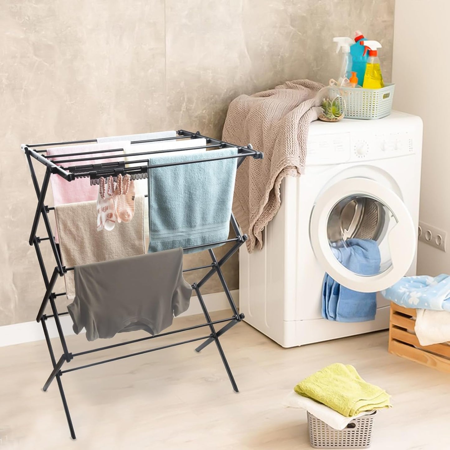 3 Tiers Foldable Clothes Drying Rack, Vertical Laundry Rack Portable and Collapsible for Storage Indoor Outdoor，Pure Black