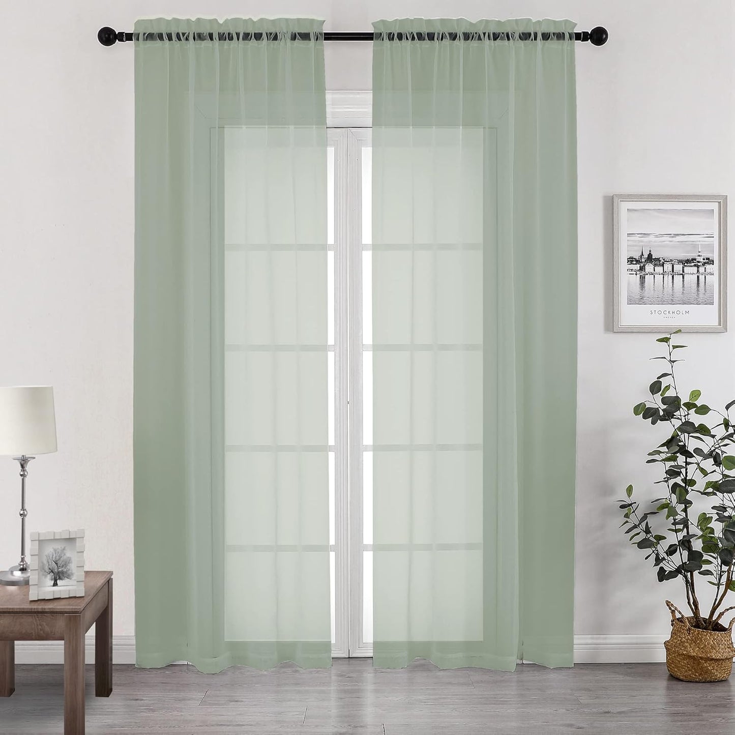 Chyhomenyc Living Room Sheer Curtains 96 Length 2 Panels Set for French Door, Gorgeous Window Decoration for Wedding & Party & Backdrop & Canopy, Sage Green, Each 42Wx96L in, 8 Feet