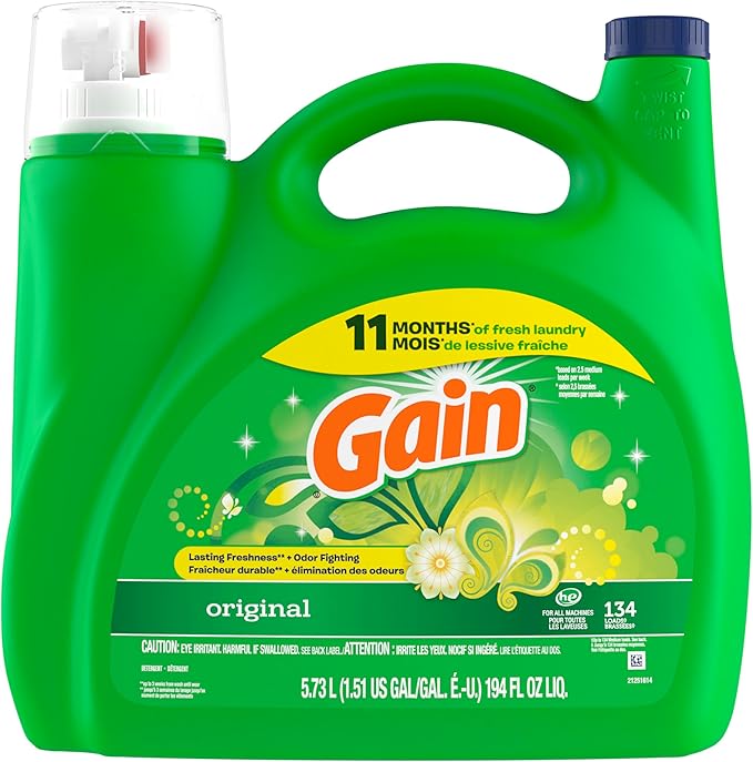 Gain Liquid Laundry Detergent, Original Scent, 194 fl oz, 134 loads, Freshness + Odor Fighting, Laundry Detergent Liquid Soap, HE compatible