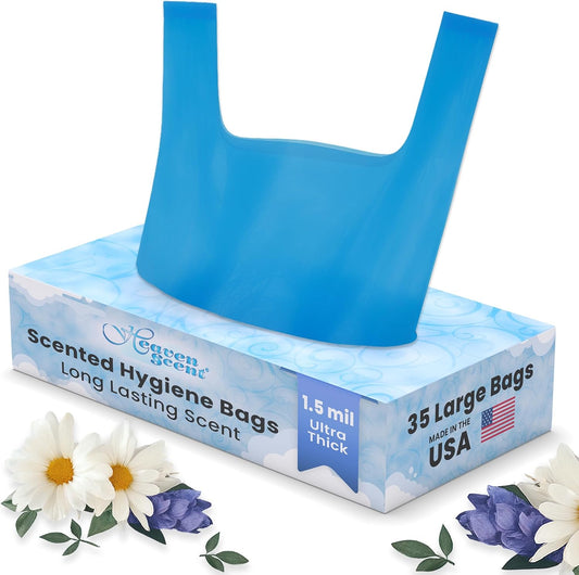 Heaven Scent Hygiene Bags 1.5MIL ULTRA-THICK Discreet Waste Disposal | Made in the USA | Mild Baby Powder Scented Trash Bags for Adult Briefs & Feminine Products - Large, 35 Bags