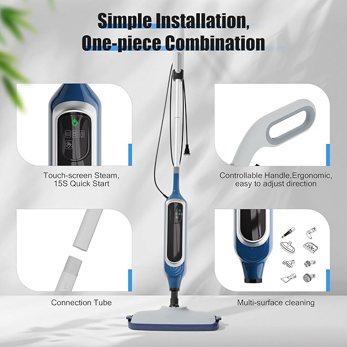 12 in 1 Steam Mop, Detachable Handheld Steam Cleaner for Home, 23FT Cord, for Hardwood Floor Cleaning, Tile, Carpet, Furniture, Clothes, Windows, Blue