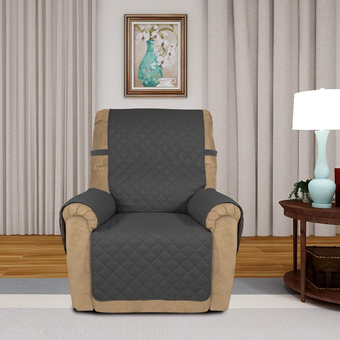 PureFit Reversible Quilted Sofa Cover, Water Resistant Slipcover Furniture Protector, Washable Couch Cover with Non Slip and Elastic Straps for Kids, Dogs, Pets (Small Recliner, Dark Gray/Beige)