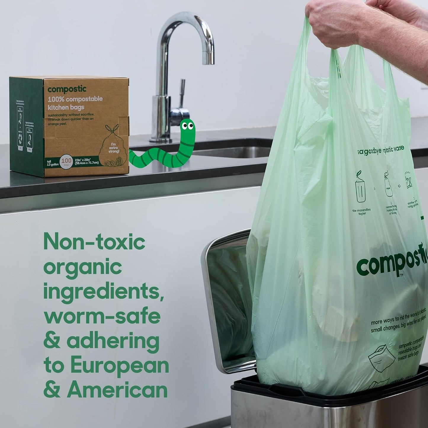 Compostic Home Compostable Trash Bags, 3 Gallon Small Kitchen Rubbish Bags (17” x 17.7”), Extra Strong & Quickly Breaks Down, 100 Count