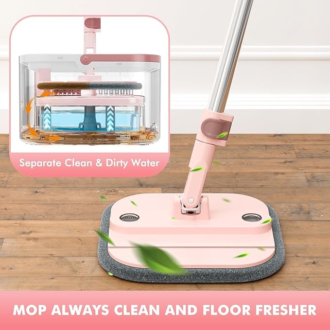 KZKR Square Spin Mop and Bucket Set with Self Separation Dirty and Clean Water System,Self Wringing 360° Rotating Mops Head for Home Floors Cleaning (2.0 mop Bucket Set with 6 Pads, Pink)