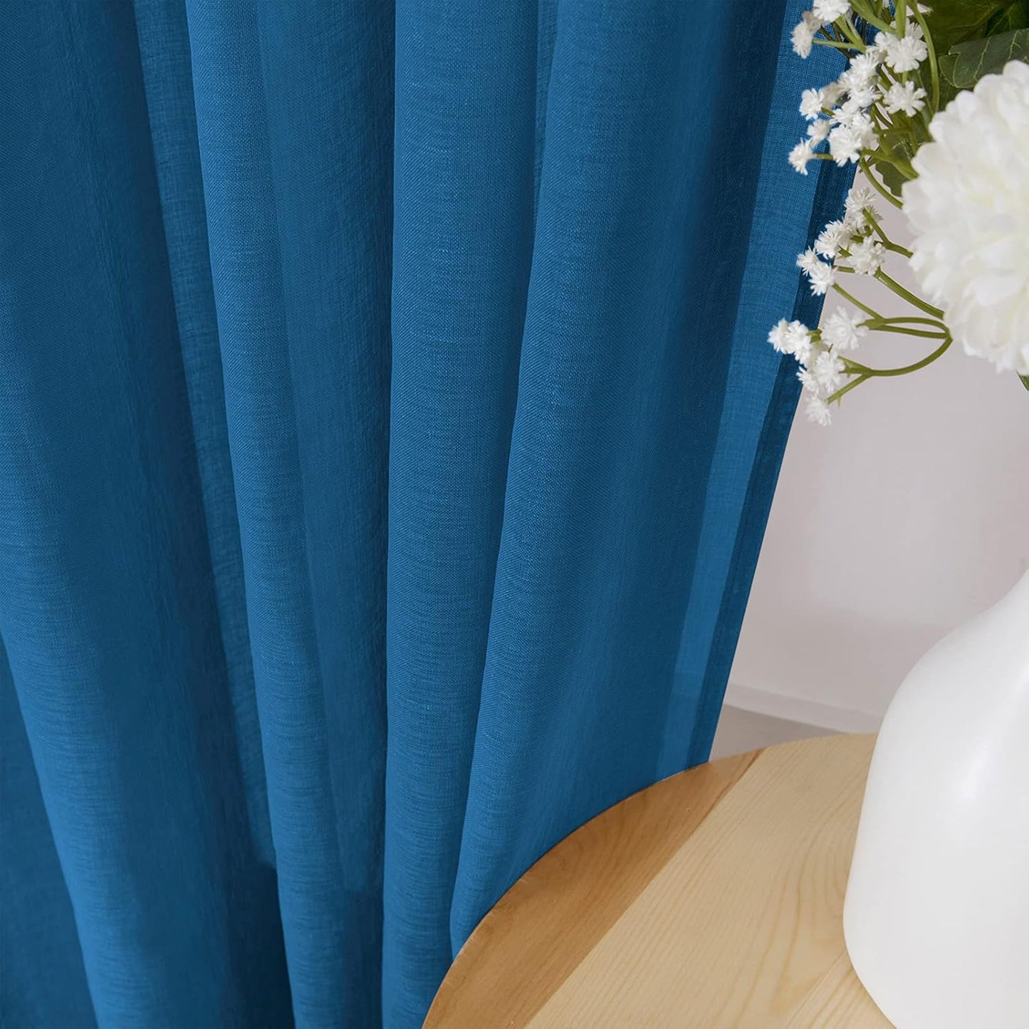 Tollpiz Sheer Curtains Linen Textured Living Room Curtain Sheers Light Filtering Rod Pocket Voile Curtains for Bedroom, 42 x 63 inches Long, Classic Blue, Set of 2 Panels