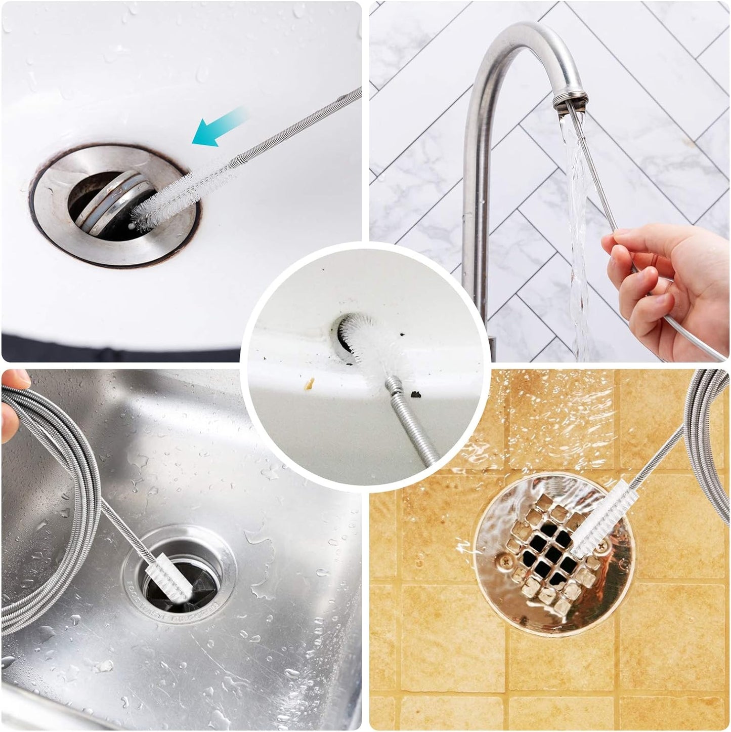 Extra-Thick Drain Brush with Stronger Spring 61-Inch Stainless Steel and Nylon Pipe Cleaner for Flexible, Curved & Slim Holes, Stronger Spring Version