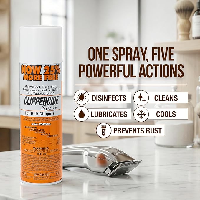 CLIPPERCIDE 5-in-1 Clipper Disinfectant Spray 15oz, 1 Pack | Cleans, Lubricates, Cools, Prevents Rust & Disinfects | Professional Clipper Spray for Barbers, Stylists & Pet Groomers | Made by Barbicide