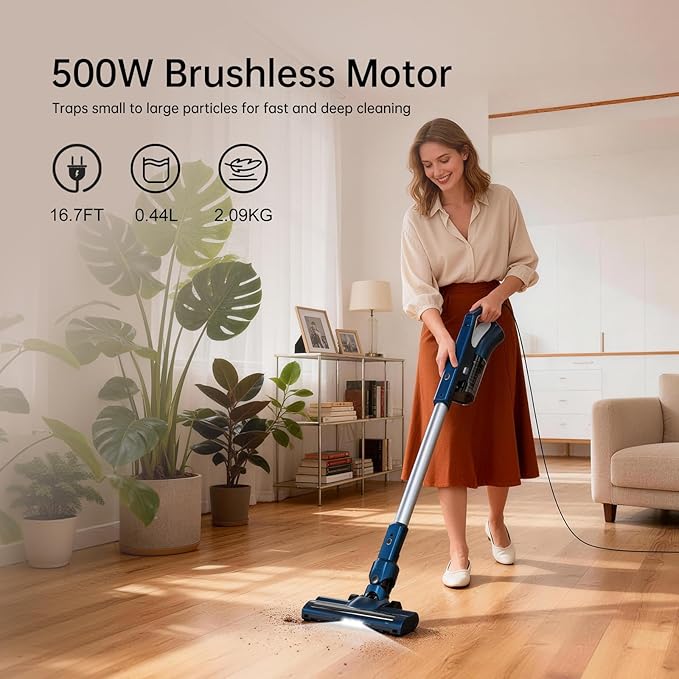 Corded Stick Vacuum Cleaner for Home Pet Hair & Hard Floors,500W 16.7Ft Power Cord Ultra-Lightweight Vacuum Cleaner with Powerful Suction for Tile and Low-Pile Carpet Handheld Vac(VA002)