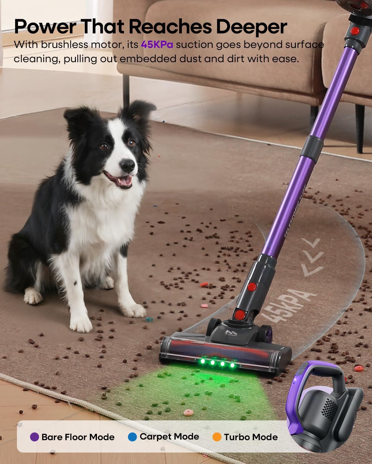 AlloyMove Cordless Vacuum Cleaner 45KPA, Up to 60mins Runtime Lightweight Powerful Suction Vacuum Cleaners for Home, 3 Suction Modes, Rechargeable Stick Vacuum for All Floor/Carpet/Pet Hair/Car, A03