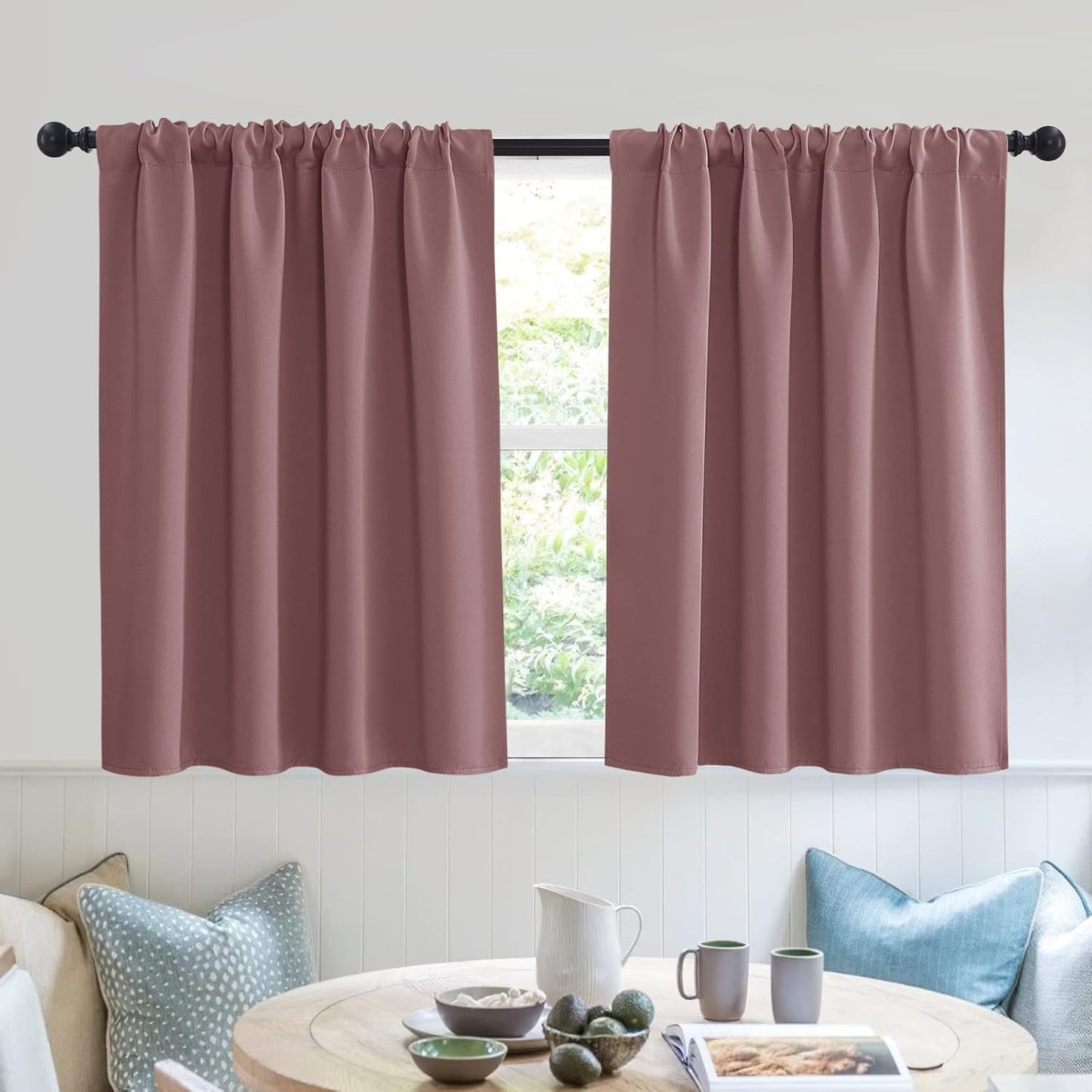 RYB HOME Small Curtains Blackout - Privacy Energy Efficiency Mini Curtains for Kids Bedroom RV Camper Windows Trailer Bathroom Kitchen Cabinet Window Tiers, W 29 x L 30, Dusty Rose, 2 Panels