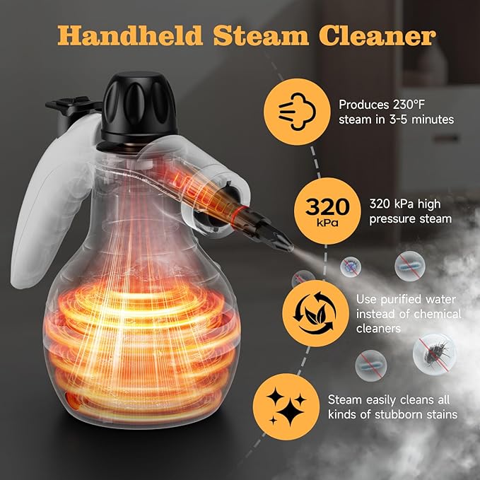 Handheld Steam Cleaner, Steam Cleaner with 16 PCS Accessory & Safety Lock, Capacity, Multi-Surface Deep Cleaning for Home, Car, Bathroom, Grout, Floor, Window(White/Black)