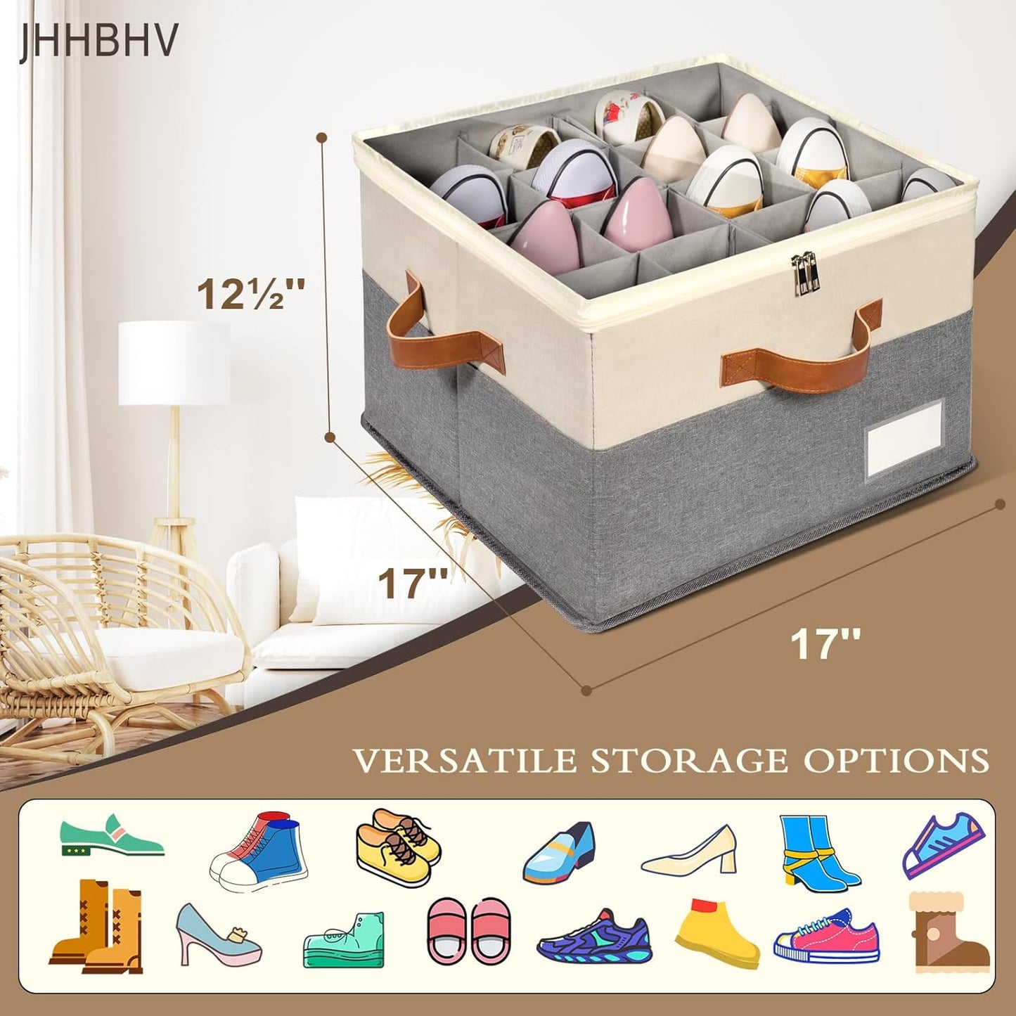 2 Pack Shoe Organizer for Closet, Adjustable Shoe Box Storage Containers, Large Foldable Shoe Bins with Clear Cover, Space Saving Shoes Holder with 4 Handles, Fits 16-32 Pairs, Beige
